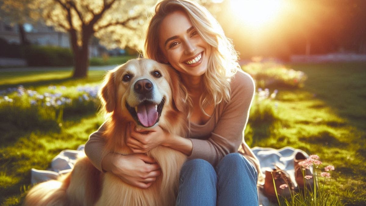Happy dog owner hugging golden retriever in park – best dog tips blog guide