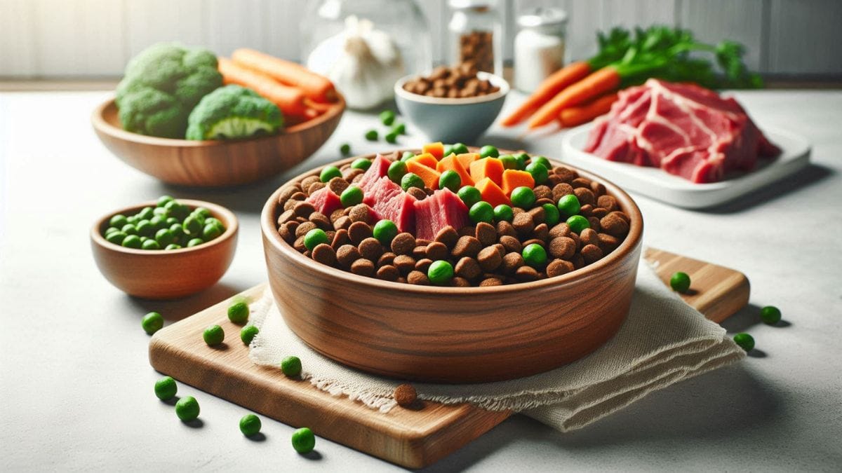 Best Dog Tips Blog – Healthy Dog Nutrition and Feeding Guide Healthy dog food bowl with kibble, fresh vegetables and raw meat – best dog tips blog nutrition guide