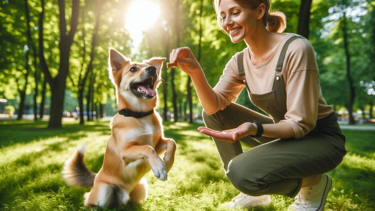 Best Dog Tips Blog – Positive Reinforcement Dog Training Guide Dog owner using positive reinforcement training with treat in park – best dog tips blog guide