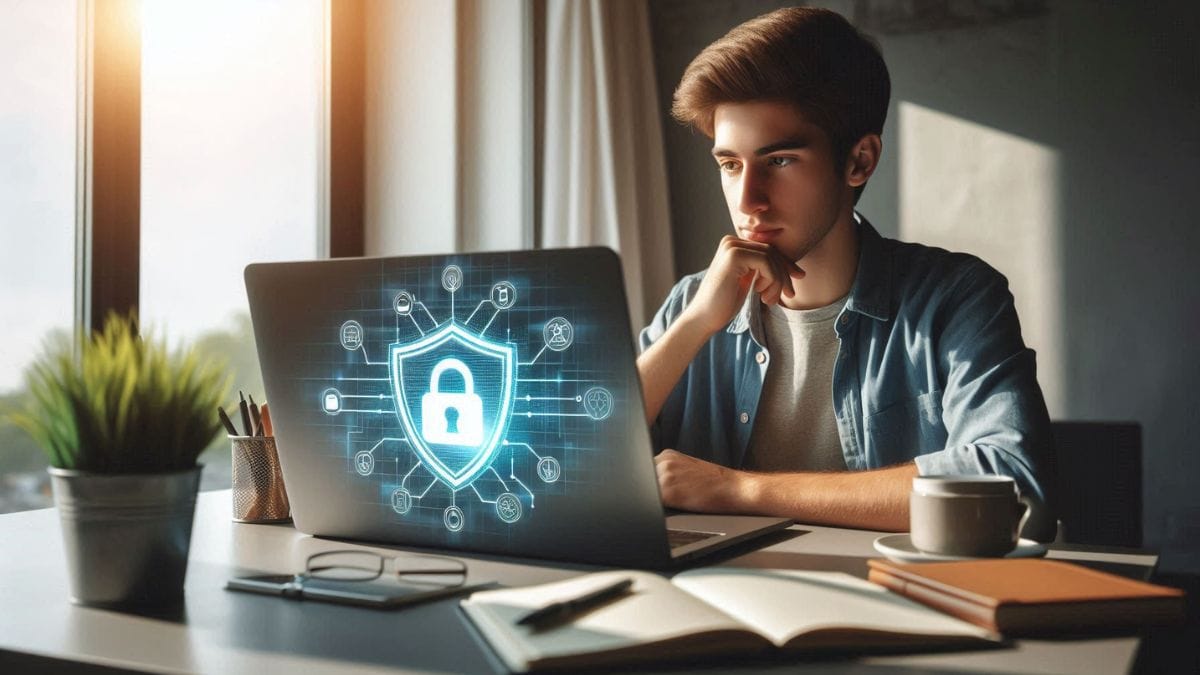 Student doing online tech job with cybersecurity protection on laptop screen