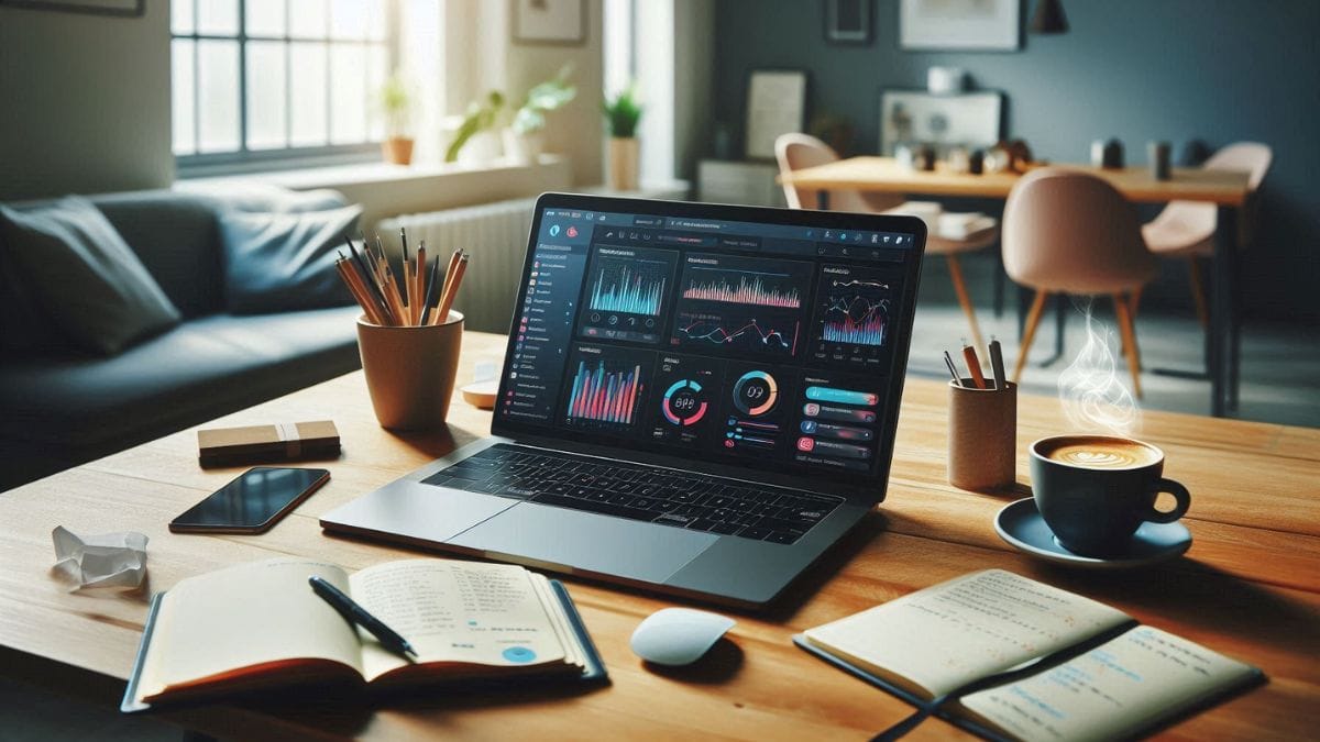 Home office desk setup with laptop showing data analytics dashboard, notebook, coffee cup and smartphone