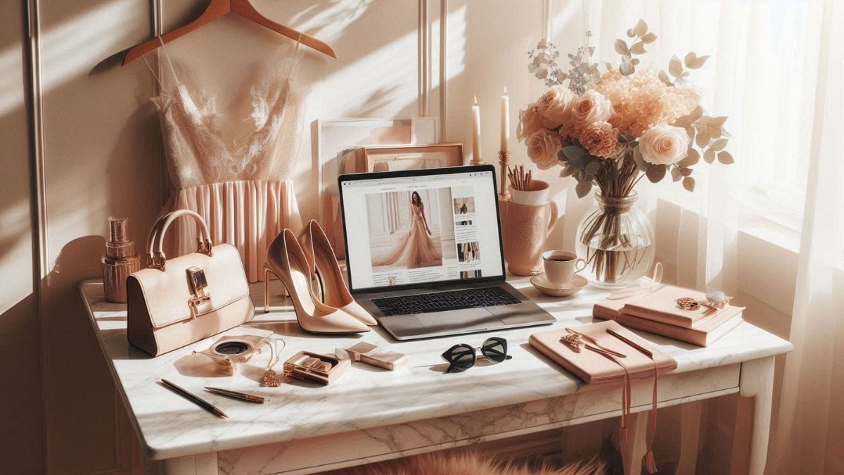 how to Start a fashion blog with this elegant workspace featuring a laptop, stylish heels, handbag, soft pastel flowers, and feminine marble desk decor