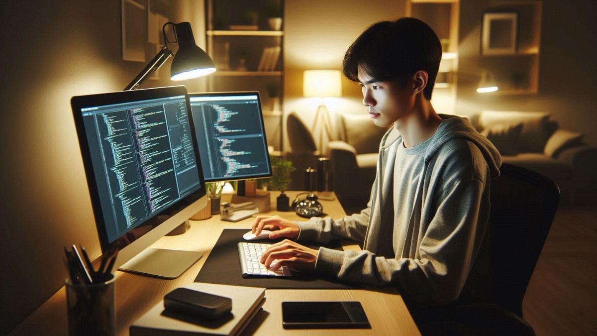 Student doing online programming job from home with dual monitors displaying code