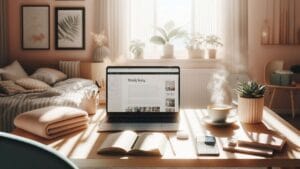 Woman working on laptop in cozy home office starting a lifestyle blog in 2026