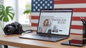 Photography blog setup with DSLR camera and laptop USA