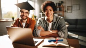 International students celebrating graduation while working on laptop for online job opportunities in USA