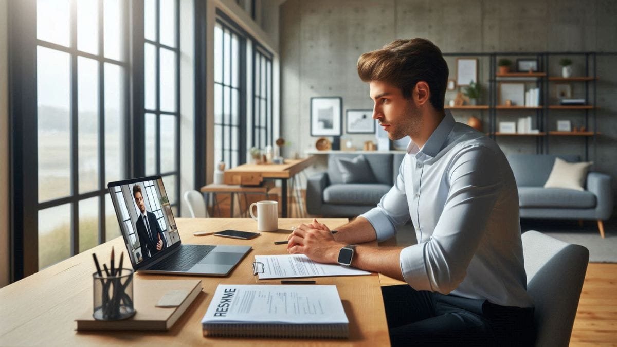 online-career-coaching-session-usa-2026 Professional attending an online career coaching session through laptop video call at home office in the United States