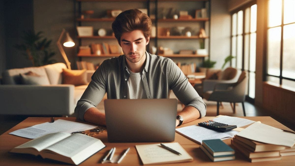 online-college-tutoring-usa-2026 College student studying online at home using a laptop with books and study materials on desk in the United States