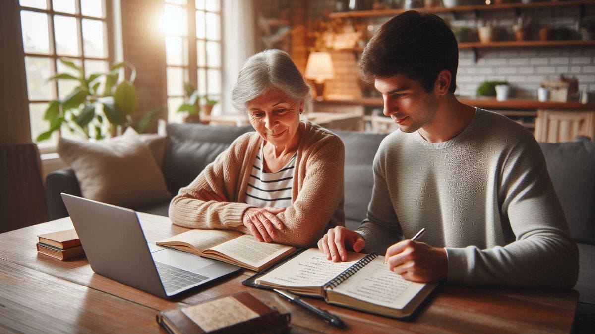 online-home-tutoring-session-usa-2026 Young tutor helping senior woman during an online home tutoring session using laptop in the United States
