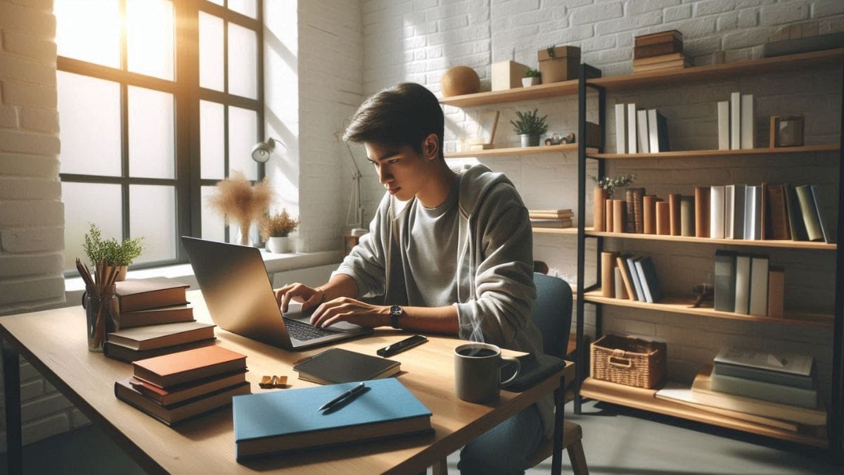 International student working on laptop in dorm room for online jobs in USA