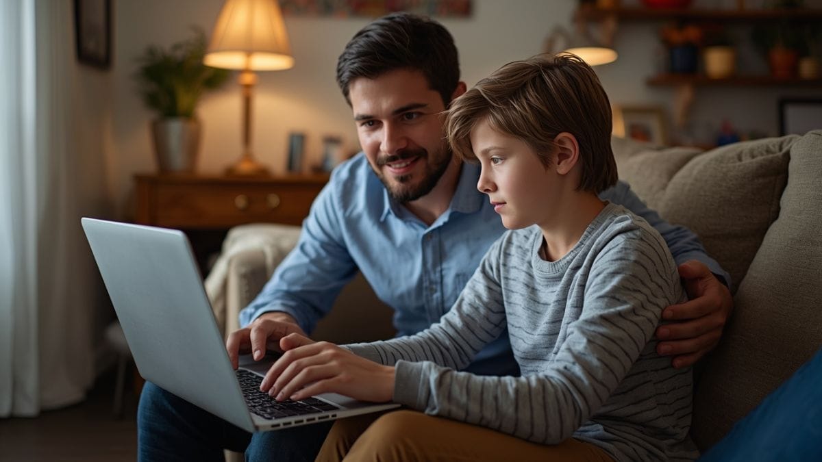 parent-helping-teen-with-laptop-at-home Parent guiding teenage child while setting up online account on laptop at home