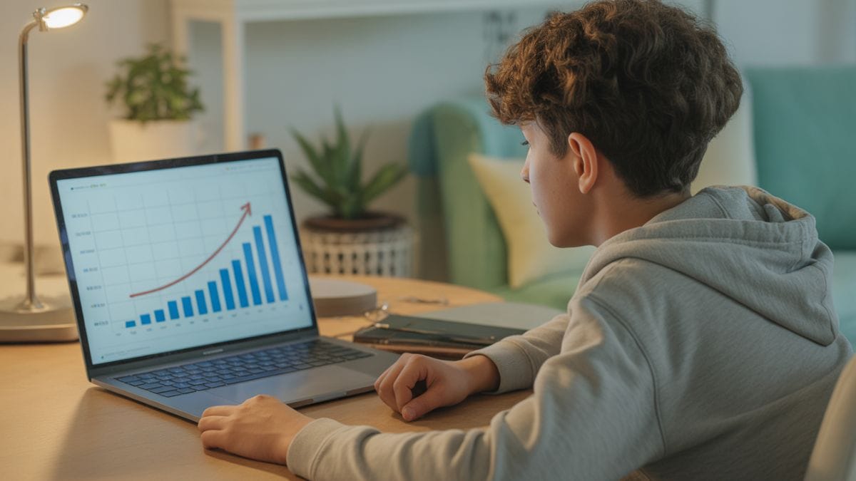 teen-boy-analyzing-growth-chart-on-laptop Teen boy looking at a growth chart on laptop screen while learning about finance at home