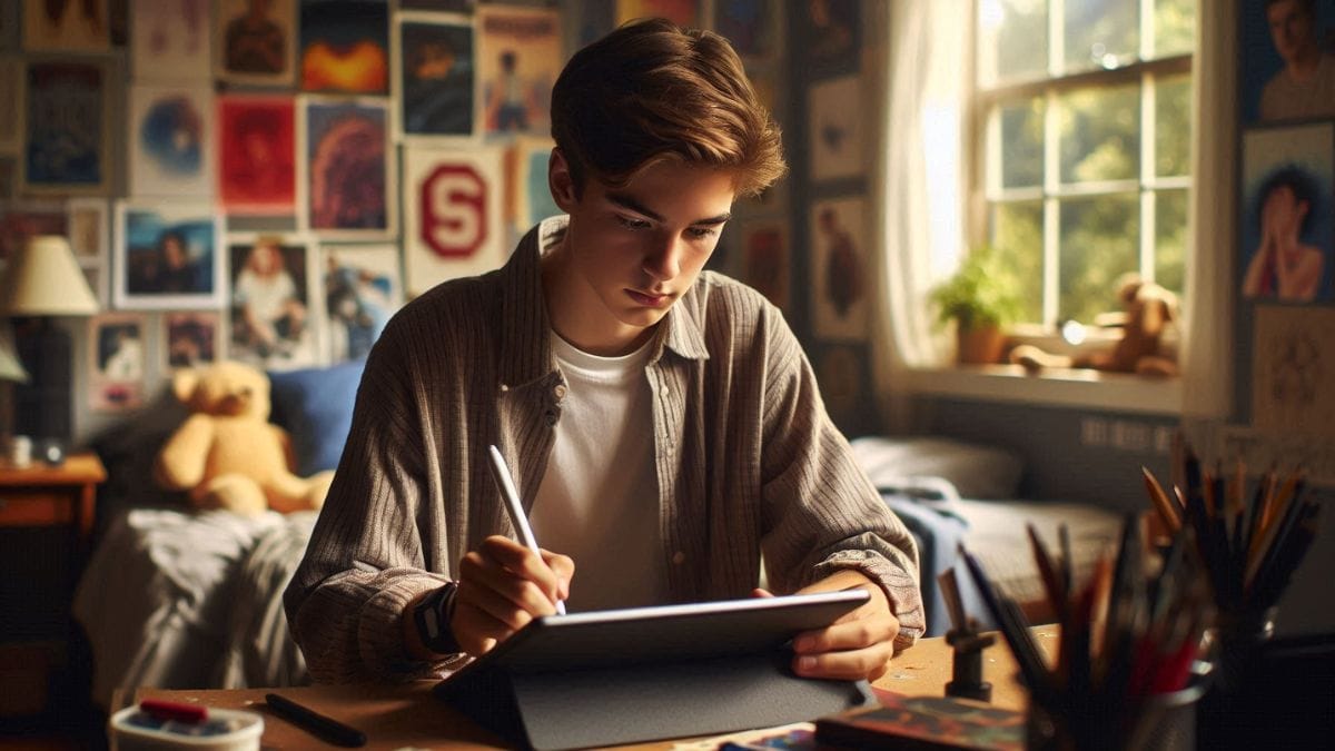 teen-boy-drawing-on-tablet-at-home-bedroom Teen boy creating digital artwork on tablet with stylus in his bedroom