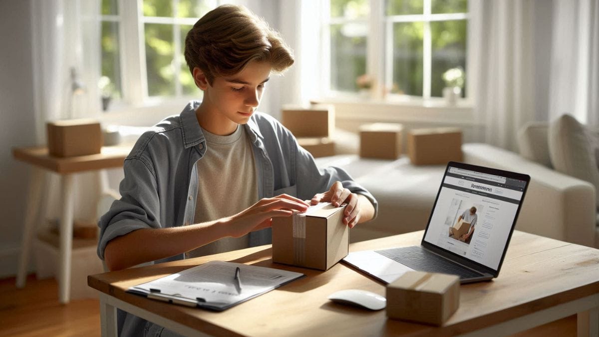 teen-boy-packing-product-for-online-business-at-home Teen boy packing a small box for online business order while working on laptop at home