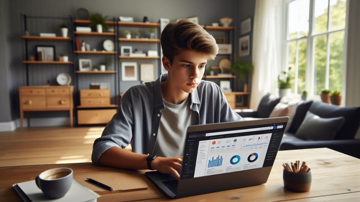 teen-entrepreneur-working-on-online-business-dashboard Teen boy working on laptop at home analyzing business data and charts on screen