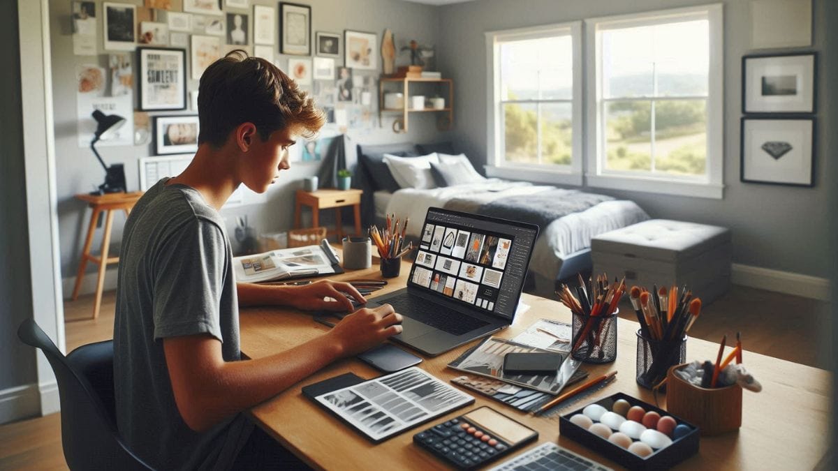 teen-graphic-designer-working-from-home-online-business-ideas-for-teens-usa American teen designing digital artwork on laptop at home – Online Business Ideas for Teens in the United States