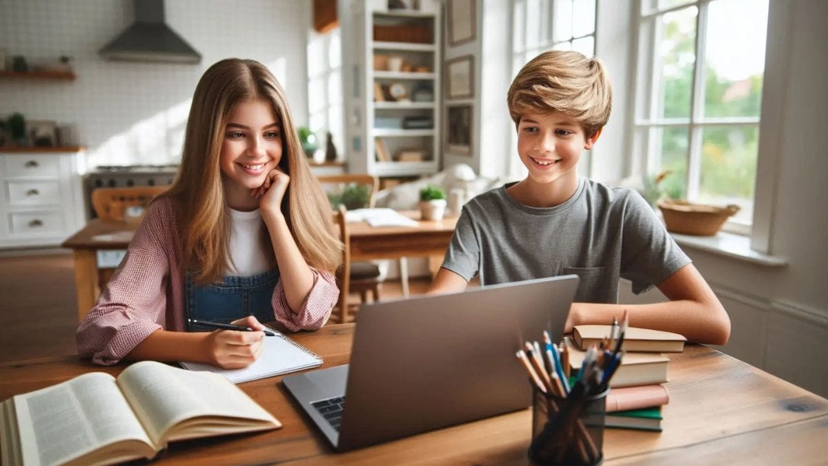 teen-students-studying-online-at-home-with-laptop Two teenage students studying together at home using a laptop and books for online learning