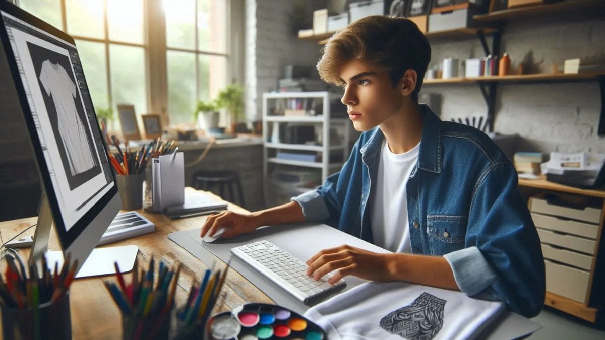 teen-tshirt-designer-working-online-business-ideas-for-teens-usa American teen designing custom T-shirt on computer at home – Online Business Ideas for Teens in the United States