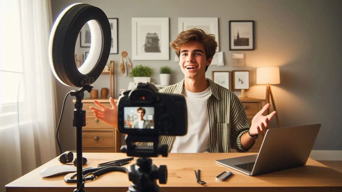 teen-youtuber-creating-content-online-business-ideas-for-teens-usa American teen recording video at home studio – Online Business Ideas for Teens in the United States