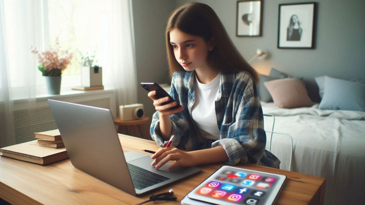 teenage-girl-managing-social-media-on-laptop-and-phone Teen girl managing social media apps on smartphone while working on laptop at home