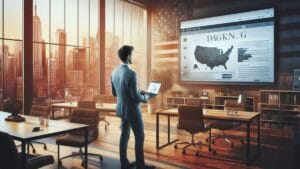 Tips on Blogging for Business strategy presentation in a modern US office